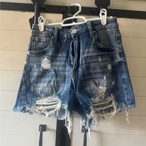 Risen Jeans High-Rise Distressed Denim Shorts in Blue